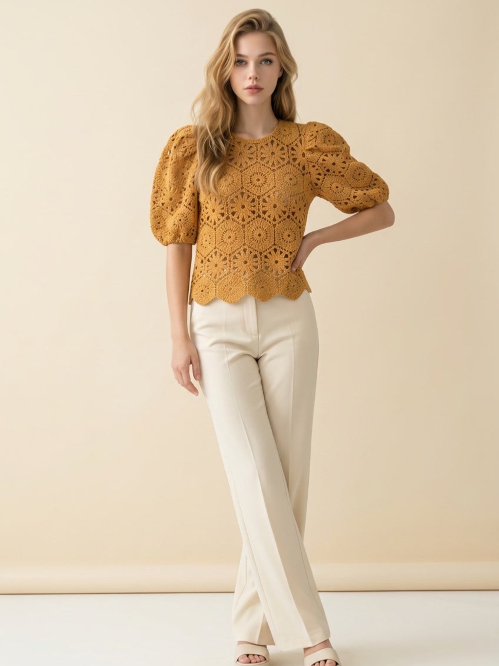 Zara Mustard Crochet Puff-Sleeve Top - Women's